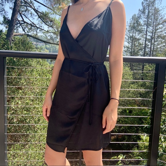 UO Out From Under Black Satin Slip Wrap Dress - Picture 3 of 4